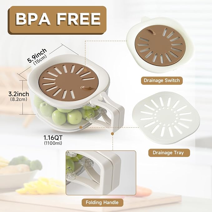 Fruit Vegetable Washing Bowl with Strainer, Multifunctional Produce Washer, Berry Container, Lettuce Keeper for Fridge Refrigerator Organization, Portable Strainers and Colander for Kitchen (Brown)