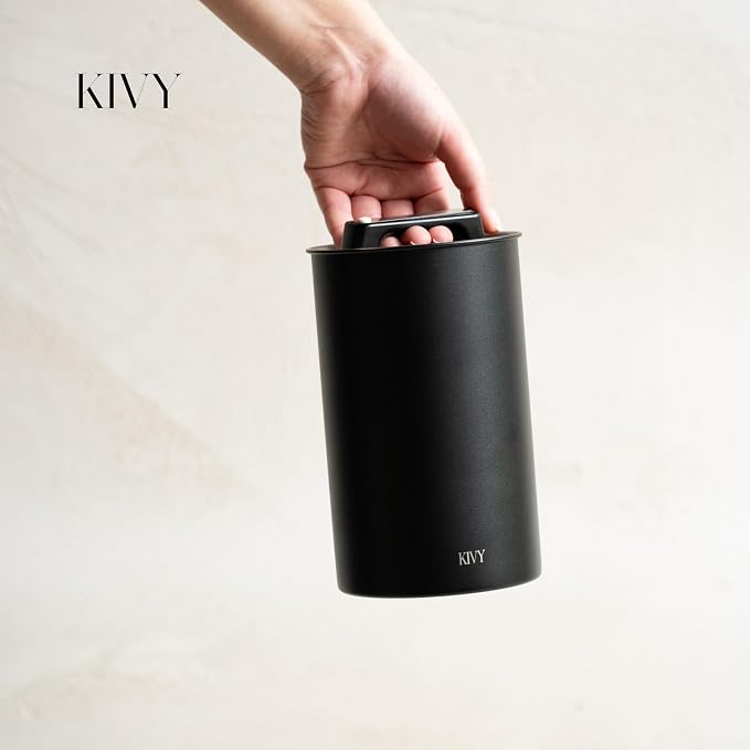 KIVY Vacuum Coffee Canister (Glass) - Push Lid Preserves Coffee Aroma & Oil - Stainless Steel Airtight Coffee Canister - Coffee Container for Ground Coffee & Coffee Bean Storage - Removes Excess Air