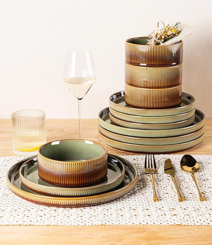 Ceramic Dinnerware Set for 8, 24-Piece Plates and Bowls Set | Lightweight Porcelain Dish Set, Scratch Resistant, Oven & Microwave & Dishwasher Safe, Sage Umber