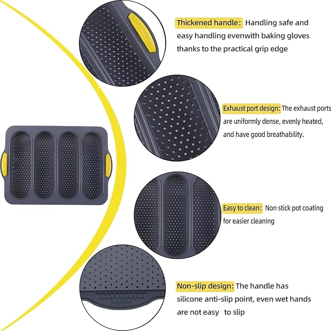 Silicone Bread Loaf Pan, Nonstick Baguette Bread Pan, 4-cavity | Food Grade Silicone Molds for Baking Hot Dog Buns Hoagie Rolls Sandwich, Sourdough Loaf Pan, Bread Pans for Homemade Bread