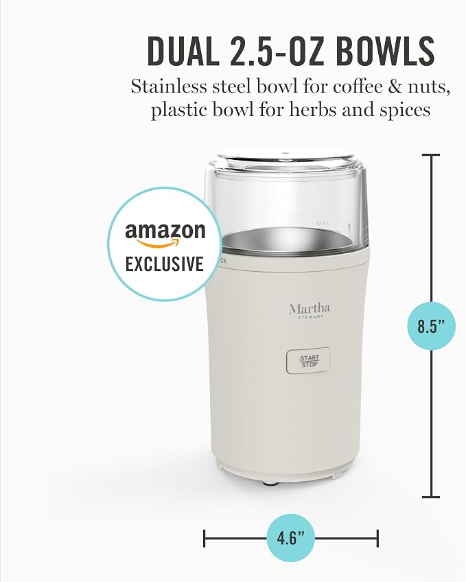 Martha Stewart Electric Coffee & Spice Grinder with Dual Bowls, Linen Cream | Dual 2.5oz Removable Bowls for Coffee Beans, Nuts, Herbs & Spices, Stainless Steel Blade, One-Touch Pulse Control, Easy Clean