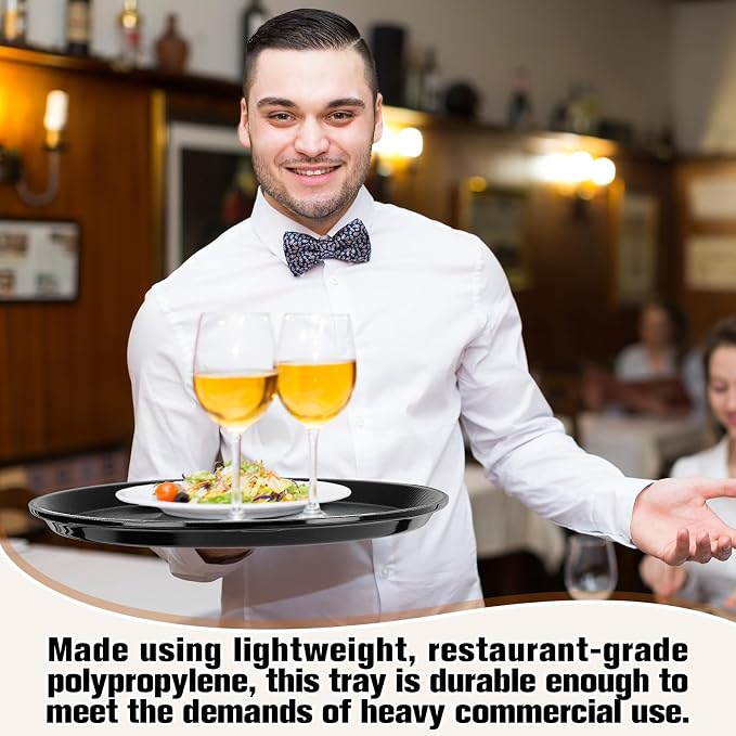 Zopeal 2 Pcs Bar Service Tray Round Plastic Non Slip,14" | For Waiter Server in Restaurant Cafeteria Bar, Raised Edges Prevent Spills, Cocktail Food Server, Textured Surface Grip