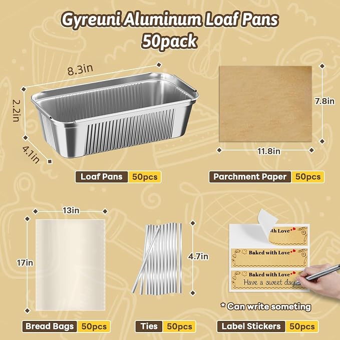 Gyreuni 50 Pack Disposable Loaf Pans with Bread Bags,8.3" X 4.1" X 2.2" | Heavy-duty foil pans fit up to 2.4 lb,Ideal for baking bread, banana bread, meatloaf, pound cake, and other homemade treats.