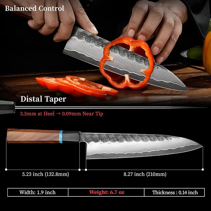 8.27 Inch Japanese Chef Knife, Hand-Forged VG10 for Precise Cuts | Hand-sharpened edge, distal taper, balanced octagonal wood handle, black-forged finish, red velvet-lined wooden gift box