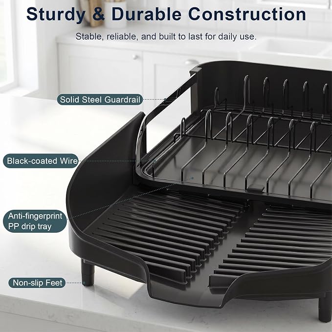 PULIDIKI Dish Drying Rack, Expandable Dish Rack for Kitchen Counter | Stainless Steel Dish Drainer with Utensil Holder, Kitchen Plate Organizer for Cup and Bottle