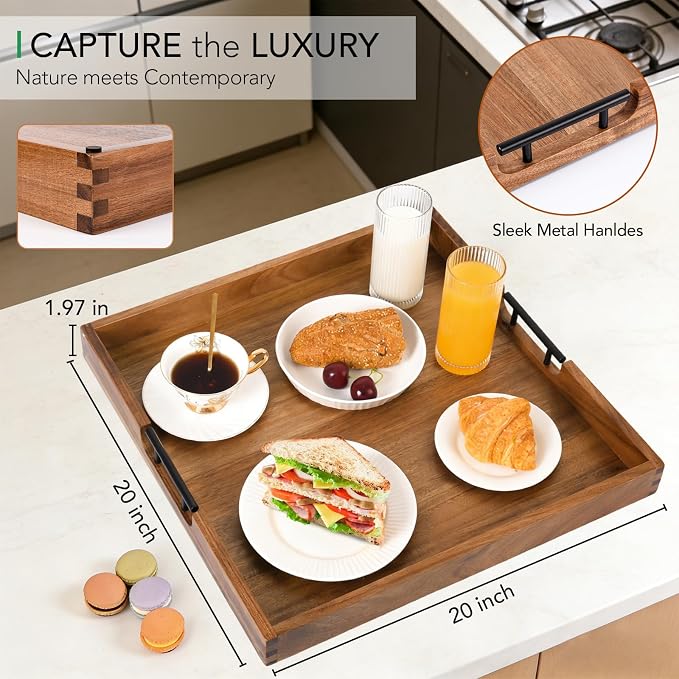 Joy&Grace Acacia Wood Ottoman Tray with Handles 20" x 20" | Large Acacia Wooden Serving Tray for Coffee Table Living Room, Breakfast in Bed, Food Dinner, Kitchen, Couch (Color Natural)