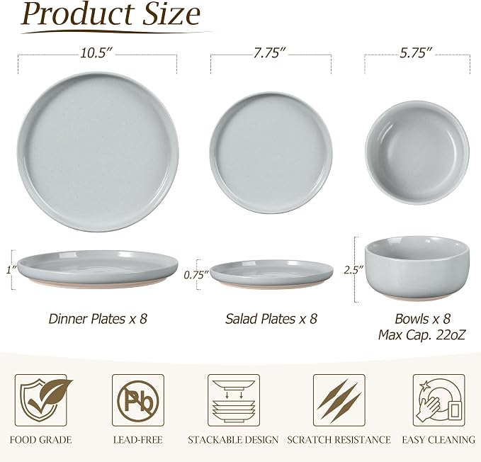 LIANYU Ceramic Dinnerware Dish Sets, Plates and Bowls Sets for 8, 24 PCS Dishware with Dinner Salad Plate and Cereal Bowls, Oven & Dishwasher Safe, Scratch Resistant, Glacier Gray