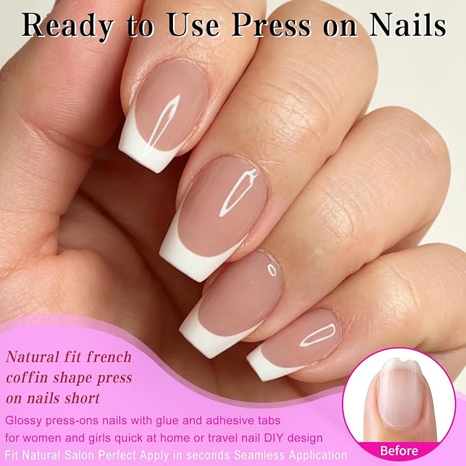 240pc White French Tip Press on Nails Short Coffin Acrylic Nail, Coffee Press ons Fake Nails with Glue, 12 Sizes Glue on Nails Extra Short Press on Nail Coffin Artificial Stick on Nail for Women