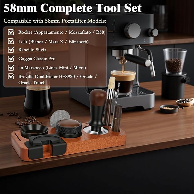 8 PCS Espresso Accessories Kit, 58mm Espresso Tamper Kit Coffee Tamper Set with Coffee Distributor, Espresso Tamping Station, Espresso WDT Stirrer,Dosing Funnel, Fits Breville 58 mm Portafilter