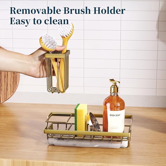 Consumest Sponge Holder for Kitchen Sink - Sink Caddy with Dish Brush Holder, Stainless Steel Kitchen Organizer with Drip Tray for Countertop, Darker Gold