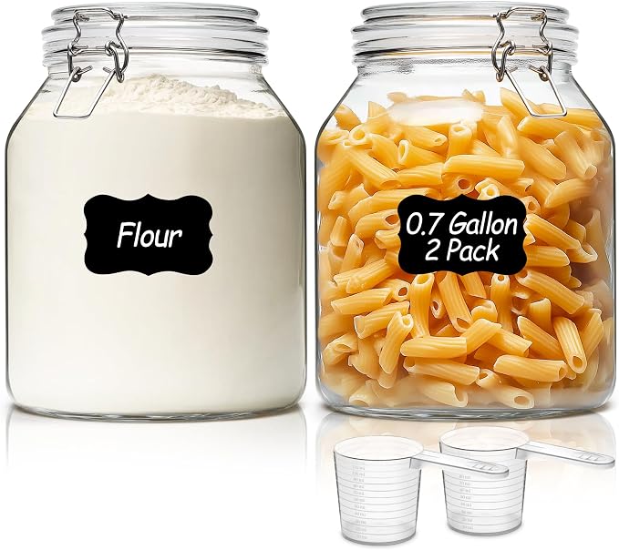 ComSaf Glass Pantry Jars with Airtight Lids 0.7 Gallon 2 Pack Wide Mouth | Flour sugar rice, Sourdough pickling, Pantry organization, Scoop included, Baking supplies, Bulk food storage, Large capacity
