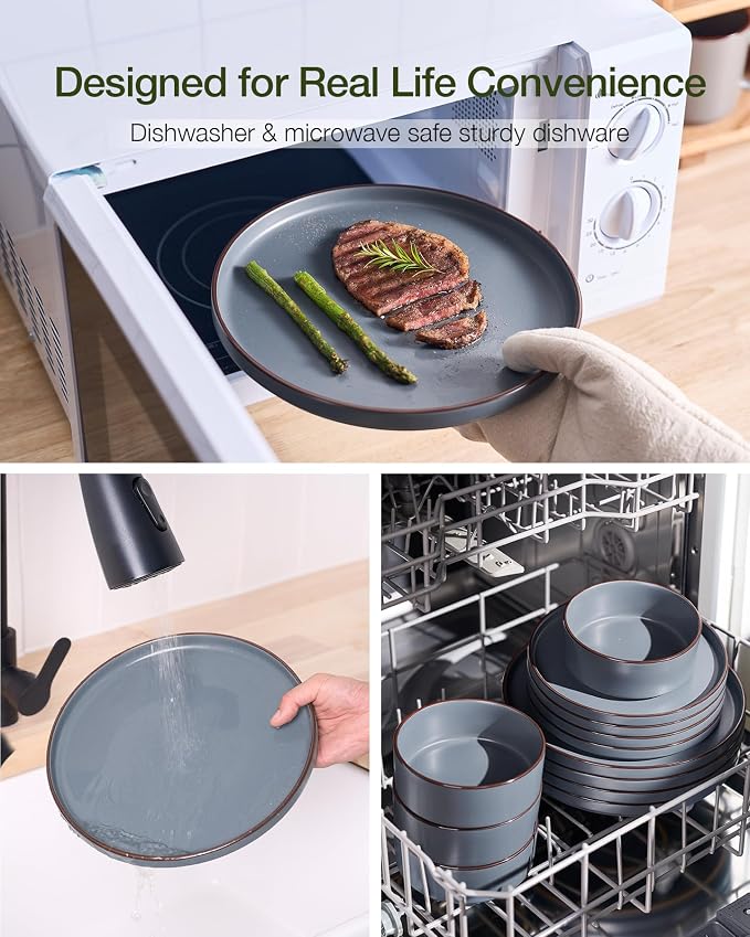 Famiware Nebula Ridge 16-Piece Dinnerware Set with Pasta Bowls, Charcoal | Stoneware Plates and Bowls for 4, Warm Hand-Painted Rims, Microwave and Dishwasher Safe