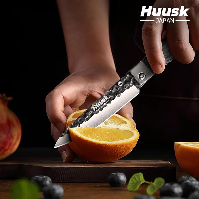Huusk Japanese Folding Fruit Knife - Pocket Paring Knife | Portable Kitchen Knives, Hand Forged Blade, Wooden Handle, Gift Box, For BBQ, for Camping and Travel
