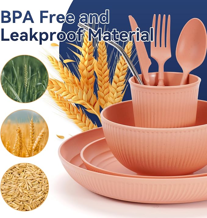Wheat Straw Dinnerware Sets,64-Piece Plates and Bowls Sets for 8-Unbreakable,Reusable Plastic Dish Set-Dinner Plate/Dessert Plate/Cereal Bowl/Cup/Utensils-Microwavable Dishwasher Safe 64P-Gray