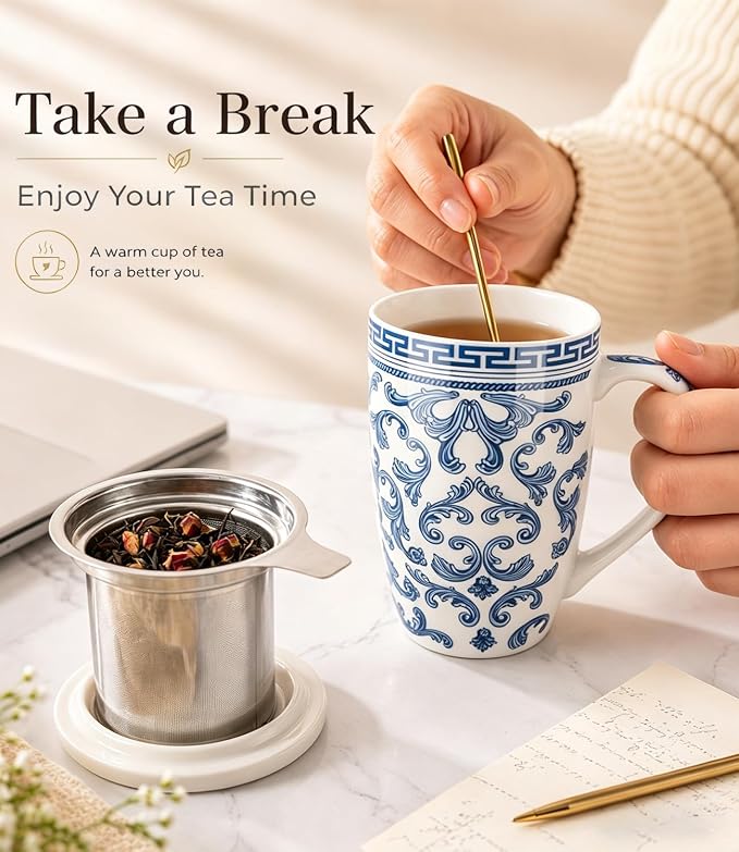 AmorArc Tea Cup With Infuser and Lid, 18oz Loose Leaf Tea Mug With Steeper | Porcelain Tea Mug With Infuser and Lid, Strainer Tea Cup for Tea Lovers, Home & Office, Housewarming Birthday Gift