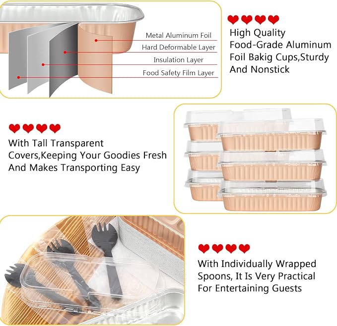 LNYZQUS Mini Loaf Cake Pans with Lids 50 Pack, 6.8oz Foil Baking Tins | Rectangle, Disposable Aluminum Dessert Cups, Individual Take-out Containers for Take Home Treats, Champagne