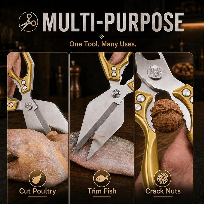 Multifunctional Heavy-Duty Kitchen Shears,Kitchen Shears for Cutting Chicken,Kitchen Scissors for Food, Japanese High-Carbon Steel Culinary Shears,for Chicken,Bone Cutting,Christmas Gifts (Gold)