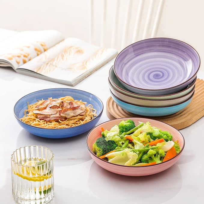KitchenTour Ceramic Pasta Bowls, 26 oz Salad Serving Plate Bowls, Set of 6 | Wide and Shallow Porcelain Dinner Soup Bowl Plates, 8 Inch, Dishwasher and Microwave Safe, Pastel Swirl