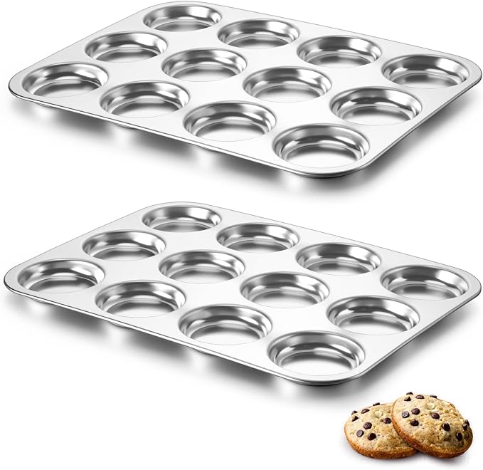 P&P CHEF 12-Cup Muffin Top Pan, Cupcake Pan with Shallow Side, 2PC & Silver | Stainless Steel Muffin Pan Cupcake Tin for Whoopie, Yorkshire Pudding, Egg Bite, Cupcake, Non-toxic & Easy Clean