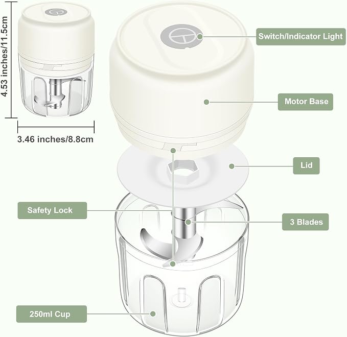 250ML Mini Electric Garlic Chopper, Garlic Mincer Grinder Masher (1 Cup) | USB Wireless Garlic Press, Small Food Processor Blender for Vegetable Ginger Chili, White
