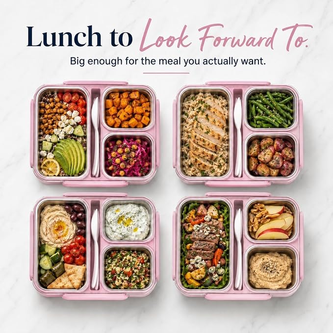 kinsho BIG Bento Lunch Box & Bag, Stainless Steel - Adults Teens Kids Pink | Holds 5 Cups in 3 Removable Metal Containers, Silicone Seals, Bonus Lids, Insulated, Utensils, Leakproof for Work School Food