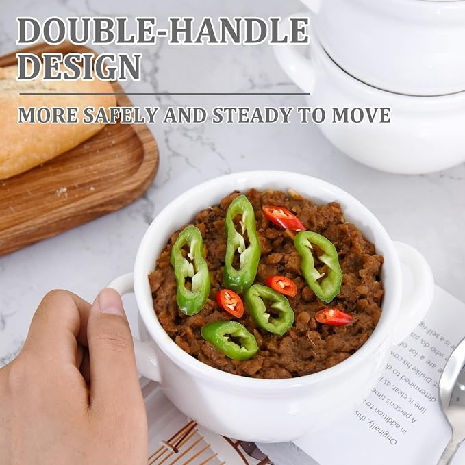 Vumdua Soup Bowls with Handles, 16 Oz Ceramic French Onion Soup Bowls - Stackable Oven Safe Bowls Serving Crocks for Soup, Cereal, Chilli, Pot Pies, Set of 4, White