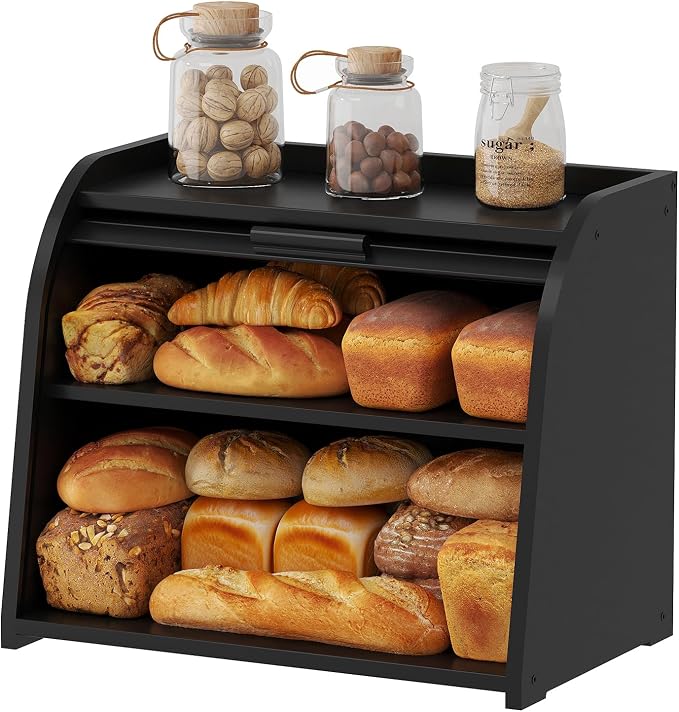 Kitsanery Bread Box for Kitchen Countertop, Bamboo Bread Storage, Double-Layer Roll-Top Bread Container, Farmhouse Bread Holder for Homemade Bread (Black, double layer)