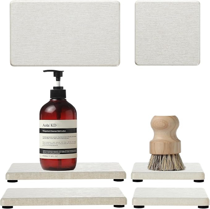 4PCS Bathroom Sink Vanity Trays, Diatomaceous Earth Quick Stone Drying Mat Kitchen Counter Dish Soap Dispenser Sponge Holder, Water Absorbing Caddy Organizer for Bottle & Cup, Beige