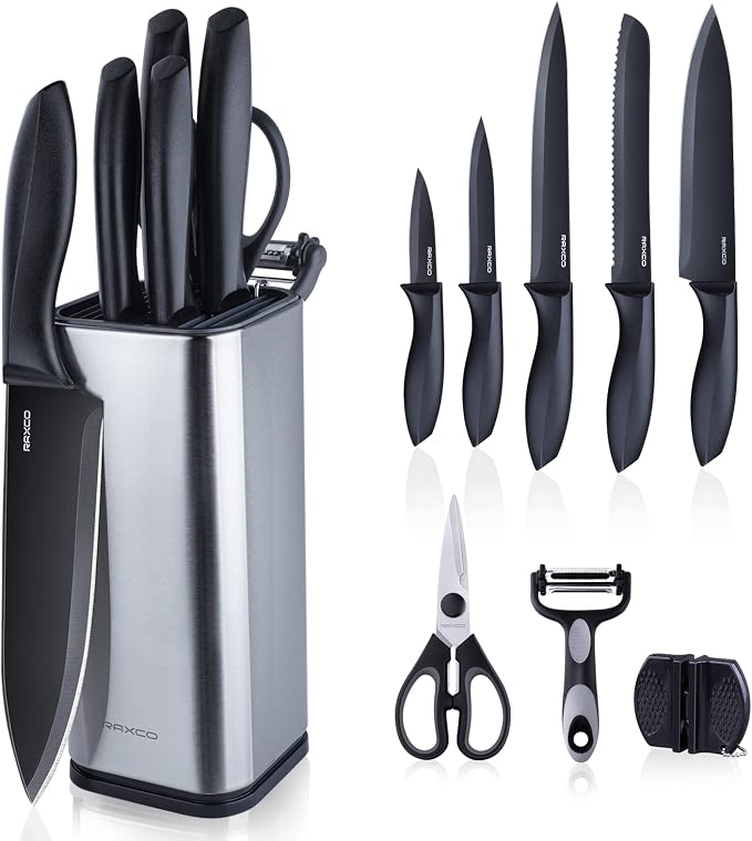 Knife Set,10-Piece Stainless Steel Kitchen Knife Set with Block,Black | Compact Small Countertop Holder,Pro-Sharpened Stainless Steel Chef Knives, Space Saving Knife Set for RV & Apartment