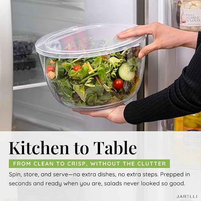 Glass Salad Spinner with Storage Lid, 6 Quart Borosilicate Glass Bowl, Push Button Drying Lid, BPA-Free Draining Basket Doubles as Serving Bowl & Colander, Lettuce, Vegetable, & Fruit Washer