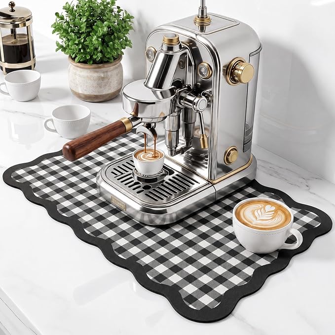 Black and White Scalloped Gingham Coffee Mat 12" x 20" | Absorbent Bar Mat Gingham Espresso Matt with Non Slip Rubber Backing for Coffee Countertops