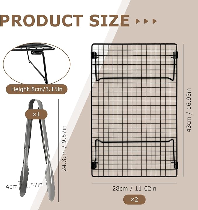 2-Pack 16.9x11inch Cooling Rack with Collapsible Legs & Food Tongs | Folding Cooking Baking Grilling Rack for Oven, Drying, Roasting (Black)