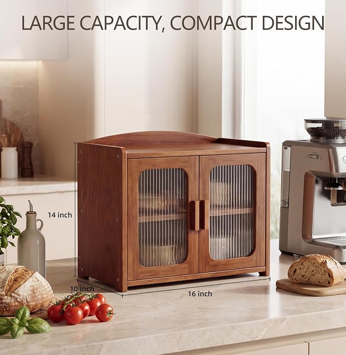 Solid Wood Bread Box, Kitchen Countertop Storage Cabinet | 2-Tier Large Capacity, Help Keep Sourdough Bread Fresh, Countertop Storage Organizer for Kitchen & Pantry, Walnut Brown