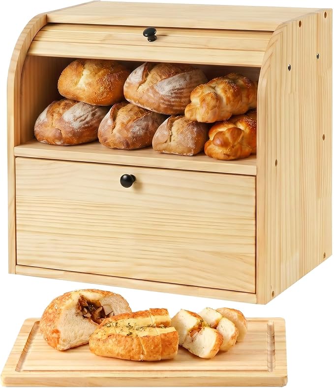 Sunhoo Wooden Bread Box for Kitchen Countertop, Roll Top Breadbox, Natural | Large Double Layer Pantry Container, Solid Wood with Cutting Board, Fresh Homemade Sourdough Bin Cabinet, Vintage Farmhouse