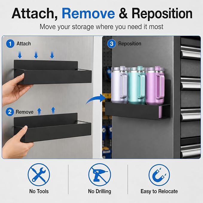 4 Pack Magnetic Cup Holder Heavy Duty, 12 Cup Capacity Water Bottle Organizer fit for Stanley Cup, Tumbler Storage Rack for Kitchen, Side of Fridge, Garage, Laundry Room, Cabinet, Pantry, RV - Black