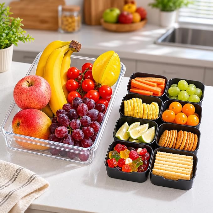 Dingerjar Divided Serving Tray with Lid and Handle - Snackle Box Charcuterie Container for Portable Snack Platters Organizer for Candy, Fruits, Nuts, Snacks - Perfect for Party, Entertaining, Black