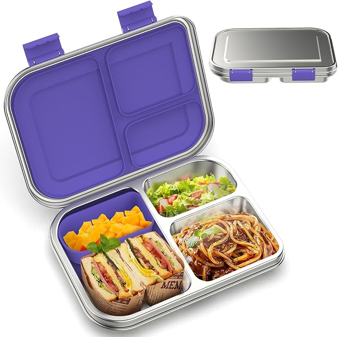 BOSEDSANG Stainless Steel Kids Leak-Resistant Bento Lunch Box, 3-Compartments with Silicone Container, Dishwasher-Safe, Child-Friendly Design for School, Picnics & Travel,BPA-Free(Purple)