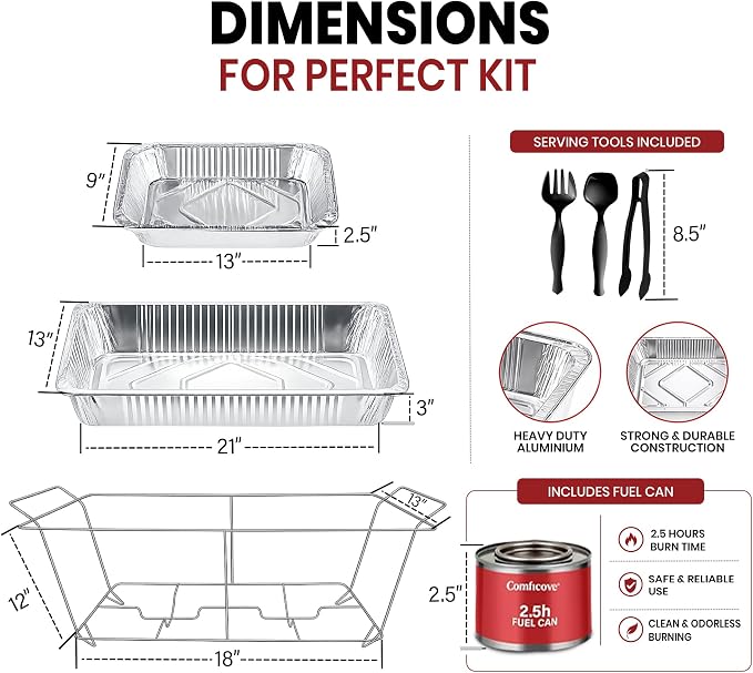 Disposable Chafing Dish Buffet Set, 33 Piece of Chafing Servers with Food Warmers, Covers, Full-Size Food Pans, Water Trays, Serving Utensils, Foil Lids and 2.5Hr Fuel Cans for Parties, Catering