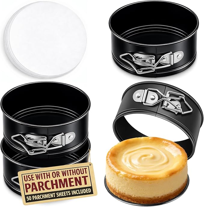 4 Pack Small Springform Cheesecakes Pan 4 Inch Mini 50Pcs Parchment Paper | Carbon Steel Cake Round Tins Leakproof Nonstick Removable Bottom Bakeware for Pie Pizzas and Quiches Baking Mold Set