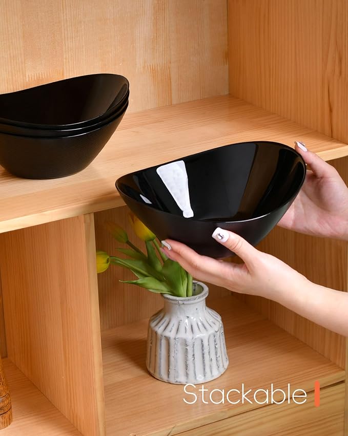 43 OZ Oval Serving Bowl Set of 4, 9 Inch Black Opal Glass | Microwave & dishwasher safe serving dishes for salad, side dishes and fruit with lightweight design for daily kitchen use