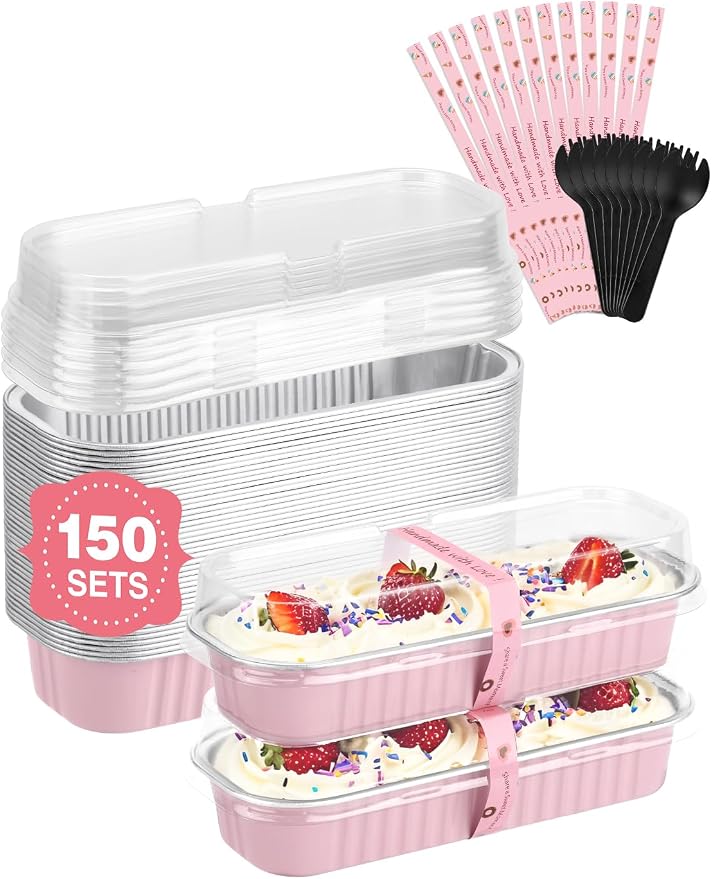 NEEBAKE 150 Pack 6.8 oz Disposable Mini Loaf Pans with Lids and Spoons - 6.5x2.5x1.2 Pink Aluminum Loaf Pans, Small Aluminum Tin Foil Baking Pan, Food Containers for Baking, Cakes, Bread, Loaves