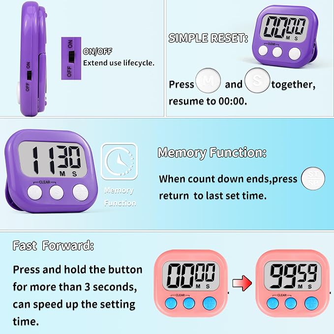Timer for Kids Digital Kitchen Timers for Cooking- 2 Pack Pink Purple | Countdown Timer for Classroom Study Exercise Teacher Supplies, Strong Magnetic, Loud Alarm, Large Screen, Fast Reset, Memory