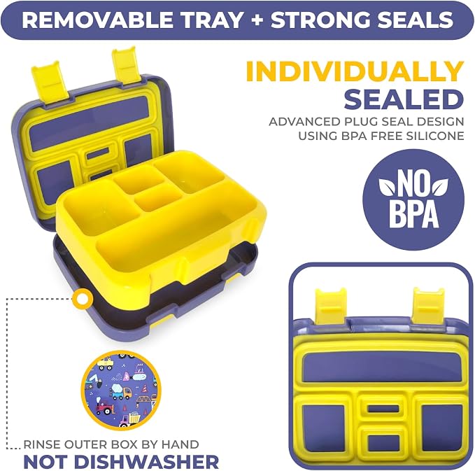 kinsho Bento Lunch Box Container for Small Kids Boys, Blue Yellow Trucks | 5 Portion Sections, BPA-Free Spill-Proof Leakproof Removable Plastic Tray, Snacks and Lunches for Toddlers Pre-School Daycare