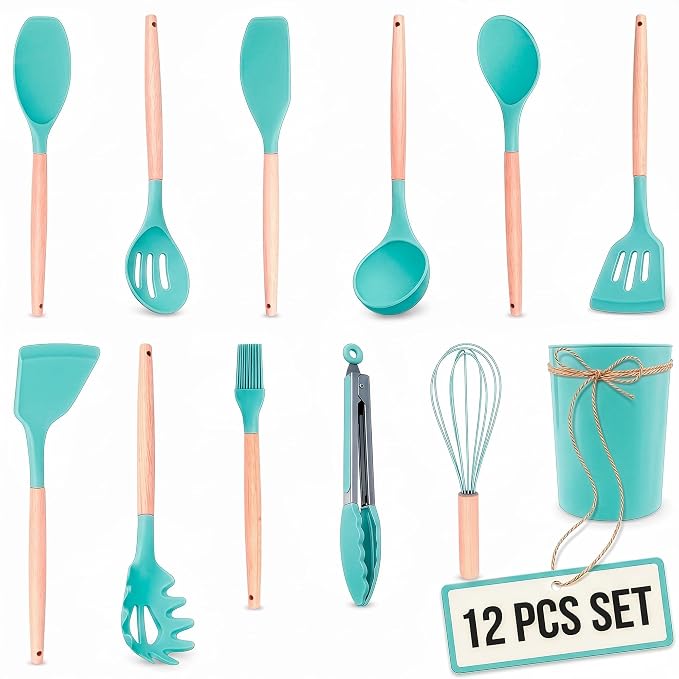 Teal Kitchen Utensils Set with Holder, 12 Pcs, Wooden Handle | BBQ Cooking Utensils that Bake, Serve, Mix & Flip; Silicone Heads Stay Non-Scratch on Nonstick Pots & Pans; Housewarming Gift