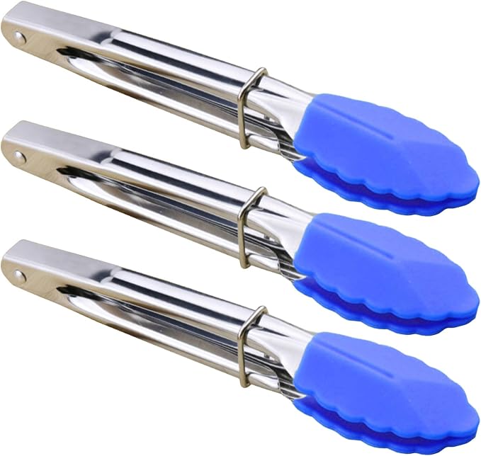 HINMAY Small Tongs with Silicone Tips 7-Inch Serving Tongs, Set of 3 (Blue)