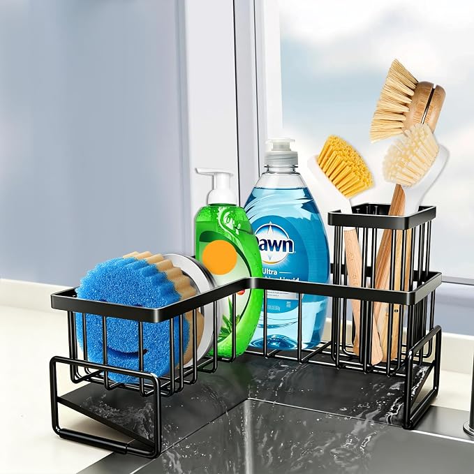 L-Shaped Kitchen Sink Caddy Organizer, Large Sponge Holder for Kitchen Sink, 90 Degree Corner Sink Storage Rack with Dish Brush & Soap Holder for Countertop Kitchen Storage