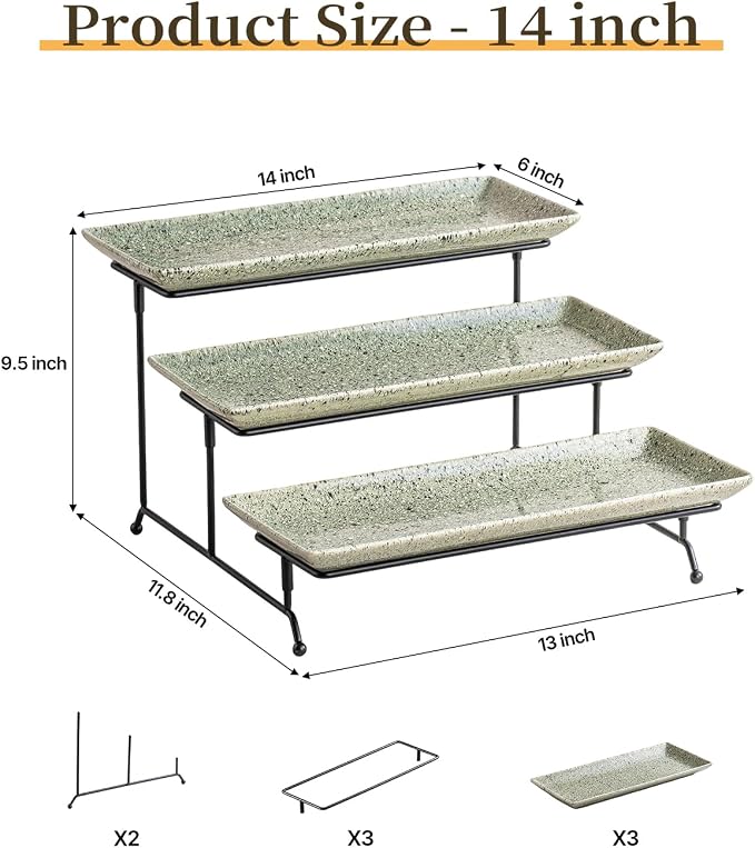 LAUCHUH 3 Tier Serving Trays for Party, Porcelain Dessert Party Display Set | 14 inch Serving Platters & Trays with Collapsible Sturdier Rack Tiered Tray Stand for Halloween Thanksgiving, Speckled Gray
