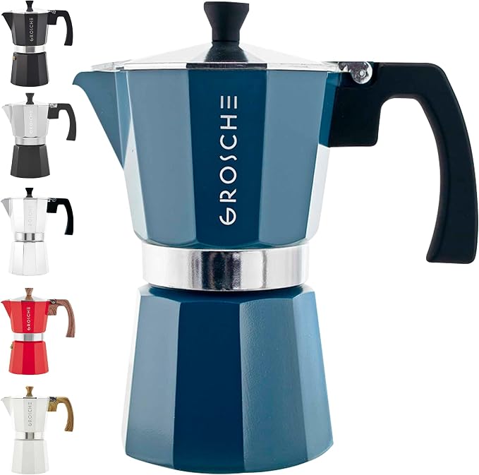GROSCHE Milano Stovetop Espresso Maker Moka Pot 6 espresso Cup, 9.3 oz Blue | Cuban Coffee Maker And Italian Moka Pot For Stovetop Espresso; For Gas, Electric, And Propane Stoves With A Soft-Touch Handle