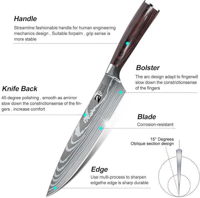 Chef Knife Sets with Roll Bag, 9 Pieces Professional Knife Set | High Carbon Stainless Steel Kitchen Knife Set with Sharpener, Red Pakkawood Handle, Kitchen & Home Cooking, Dishwasher Safe