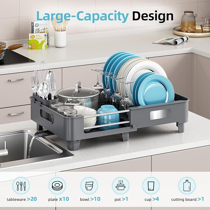 TOOLF Extendable Dish Drying Rack for Small Kitchen Counter, Gray | 12.8-20.35 in, Unique Stainless Steel Design, Auto-Drainage, Perfect for Small Kitchens & Busy Kitchens